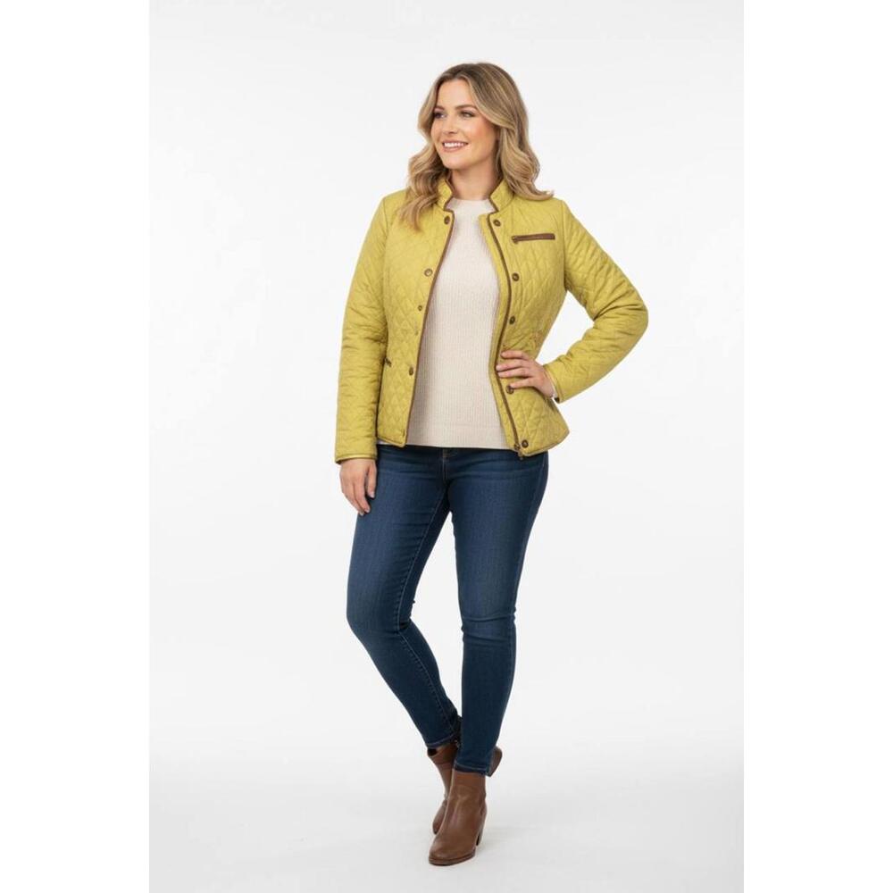 Barbara Lebek Women Quilted Jacket Size L Green Yellow Button Front patch pocket